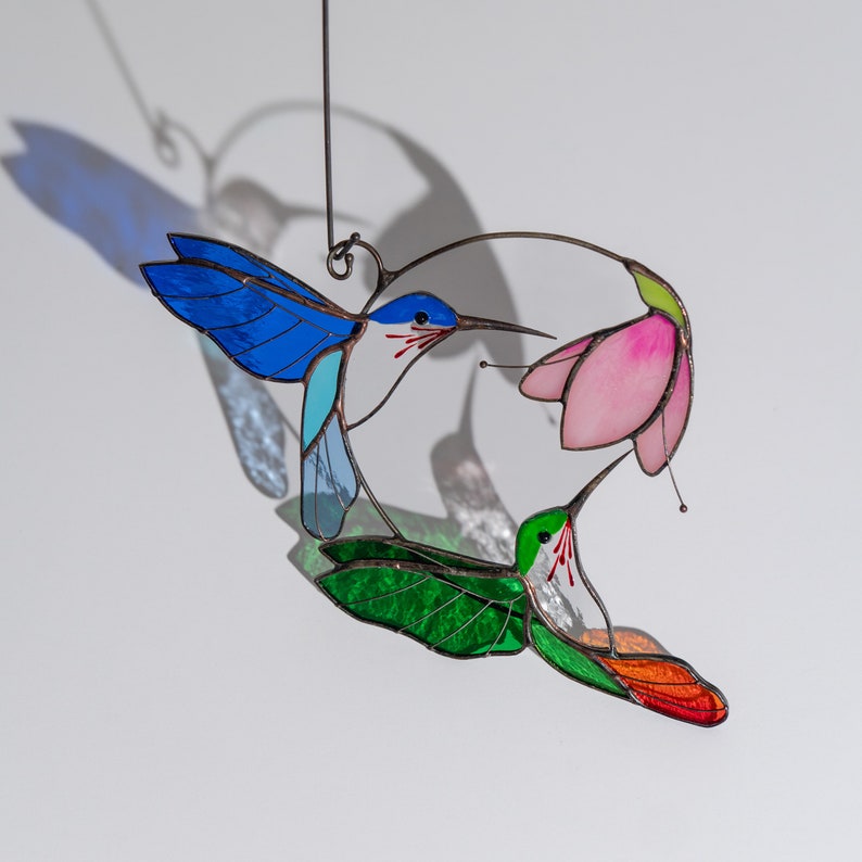 Custom stained glass bird suncatcher Gift for dad Modern stained glass window hangings Hummingbird stained glass flower